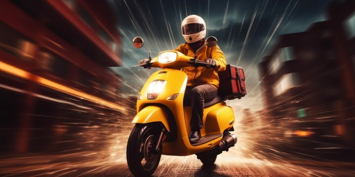 Delivery man ride scooter motorcycle on thunder storm background. Generative AI