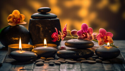 Obraz na płótnie Canvas Aromatherapy and Spa Massage Theme, Basalt Stones, Candles and Oriental Flowers on wooden table - Generative AI