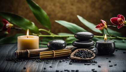 Fototapeta na wymiar Basalt Stones for Spa Massage, flowers and Candles - Generative AI