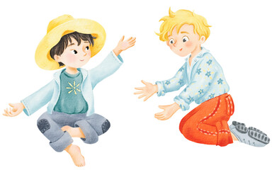 Set Cartoon funny cute illustration. Little boy smiling, standing on his Knees. asian brunette boy in straw hat sits and pointing. Farm Style characters. Isolated digital watercolor elements handmade