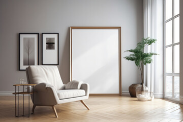 Fototapeta na wymiar The combination of wood and metal in this minimalist chair and table set creates a sleek and modern aesthetic. AI Generative.