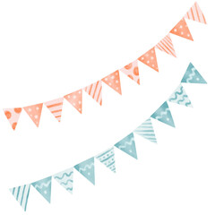 Set carnival garlands with flags birthday party decoration, string of flags, banner background. Decorative colorful party pennants for birthday celebration, festival and fair decoration. Watercolor