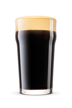 British style imperial pint glass of dark stout beer with cap of foam isolated. Transparent PNG image.
