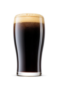 Tulip pint glass of dark stout beer with cap of foam isolated. Transparent PNG image.