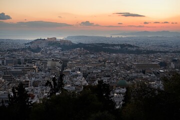 Athens with Acropolis, Parthenon from Lycabettus Hill with sea in background during sunset, sundown, Greek, Europe