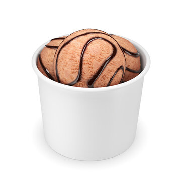 Chocolate ice cream scoops with syrup topping in blank paper cup isolated. 3D rendering. Transparent PNG image.