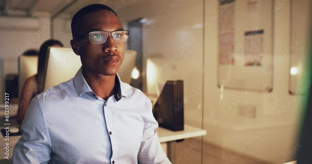 Poster night, office and business man on computer with glasses for reading, planning and research. screen d