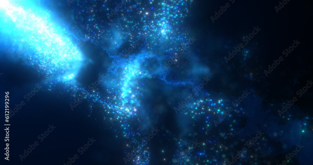 Poster abstract background of blue energy magic waves flying from the wind with the effect of glow and blur