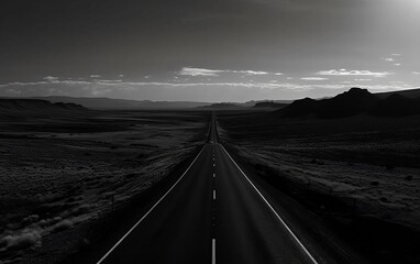 Empty road to the fog. Black and white illustration. Generative AI technology.