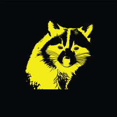 raccoon logo in yellow, wild animal logo template, on black background. Vector illustration