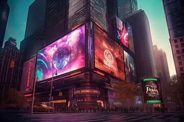 Billboards on a futuristic city scene at night. Concept art with a futuristic vision of advertising