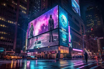 Foto op Plexiglas Fantasie landschap Billboards on a futuristic city scene at night. Concept art with a futuristic vision of advertising