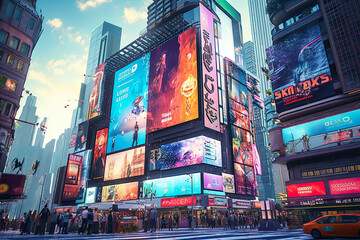 Billboards on a futuristic city scene at night. Concept art with a futuristic vision of advertising - obrazy, fototapety, plakaty