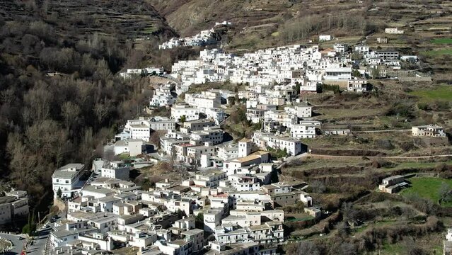 Aerial view above the beautiful village of Capileira in the gorge of the Poqueira in Andalusia Spain	