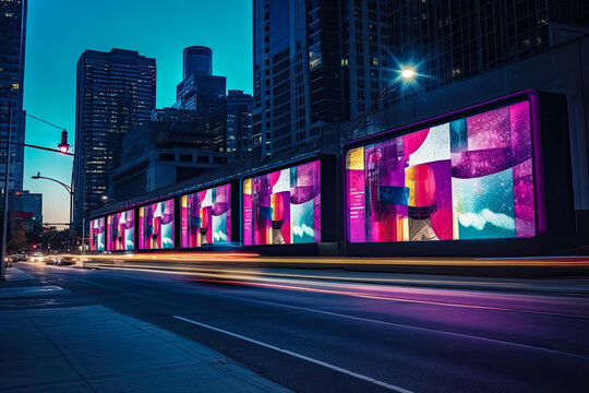 Billboards on a futuristic city scene at night. Concept art with a futuristic vision of advertising
