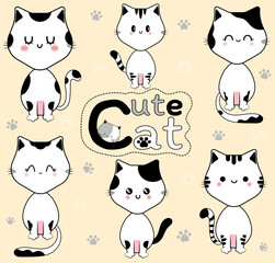 cute cat drawing illustration set of 6 cute cats black and white minimal light yellow background scene Decorated with cute cat footprints.