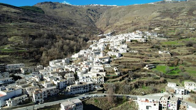 Aerial view above the beautiful village of Capileira in the gorge of the Poqueira in Andalusia Spain	