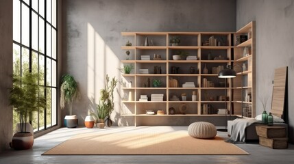 Interior of gray home office with loft windows, bookcase, and closet. vase-adorned table that is unique. vertical poster mockup Generative AI