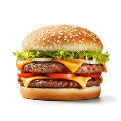 Double Cheeseburger with sesame bun on a white background, generative AI - obrazy, fototapety, plakaty
