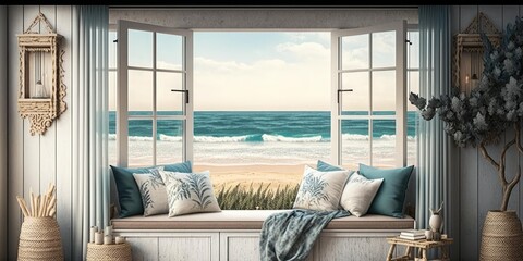 Beach house or hotel bungalow decoration in modern stylish boho. superlative generative AI image.