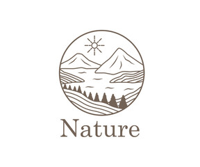 Mountain nature landscape, simple vector line art logo