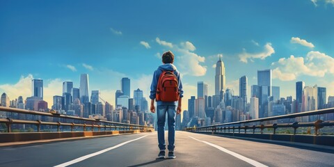 Fototapeta na wymiar Student with Backpack Walk to School Blue Sky Background. Back to School Concept. Generative Ai