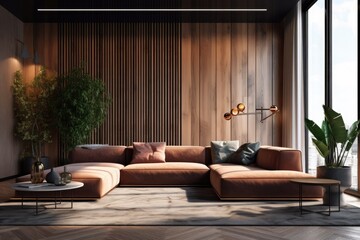 A brown sofa is positioned next to a coffee table in an elegant living room with wooden walls and a concrete floor. prototype blurred Generative AI