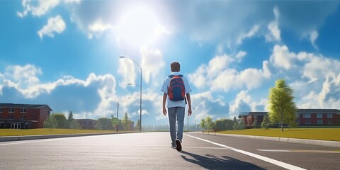 Student with Backpack Walk to School Blue Sky Background. Back to School Concept. Generative Ai