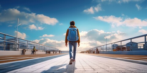 Student with Backpack Walk to School Blue Sky Background. Back to School Concept. Generative Ai