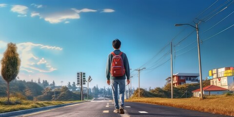 Obraz premium Student with Backpack Walk to School Blue Sky Background. Back to School Concept. Generative Ai
