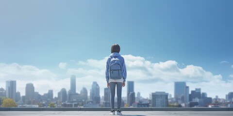 Fototapeta na wymiar Student with Backpack Walk to School Blue Sky Background. Back to School Concept. Generative Ai