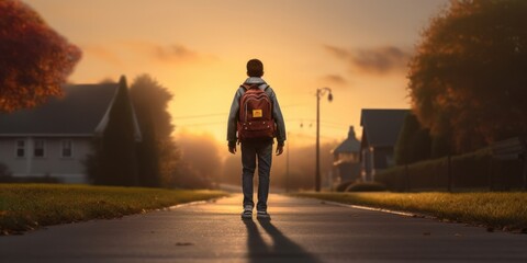 Fototapeta na wymiar Student with Backpack Walk to School Sunset Background, Back to School Concept. Generative Ai