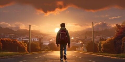 Fototapeta na wymiar Student with Backpack Walk to School Sunset Background, Back to School Concept. Generative Ai
