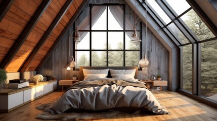 Fototapeta na wymiar Wooden loft bedroom with a large window and a double bed with gray and white pillows. simulated toned image Generative AI