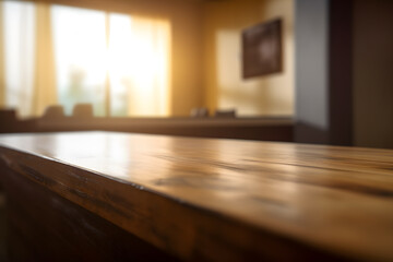 Fototapeta premium Contemporary Wooden Surface with Blurred Hotel Interior - Generative AI