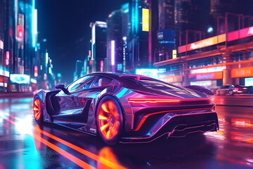 Futuristic Sports Car on Neon Highway - Generative AI