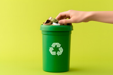 Recycling Concept: Hand Holding Green Trash Bin - Generative AI