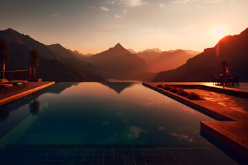 Fototapeta na wymiar Luxurious Sunset Infinity Pool with Mountain View - Generative AI