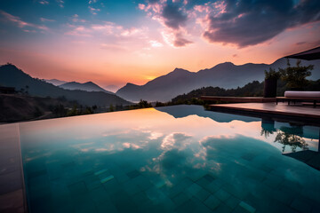 Luxurious Sunset Infinity Pool with Mountain View - Generative AI