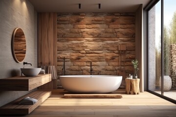 Interior Scene and Mockup, Wood and stone-adorned modern bathroom interior. Generative AI