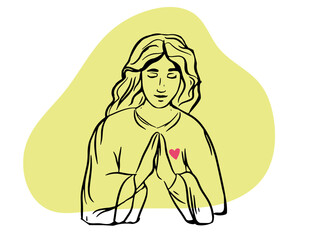 Continuous line drawing of Christian prayer, vector illustration. Jesus man angel is praying Black and white drawing