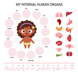 Anatomy human body. Infographics with cute black ethnic girl. Visual scheme healthy internal female organs, names and locations. Vector Medical poster in cartoon style. Educational kids concept