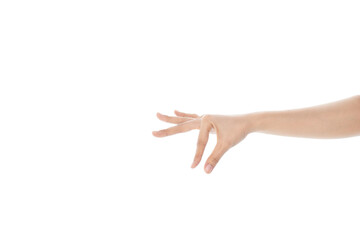 Female hand put or holds something with her fingers isolated on white background with clipping path.