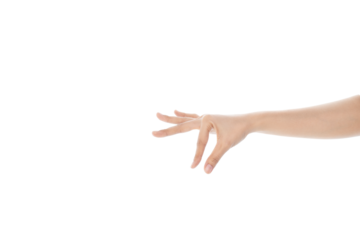 Female hand put or holds something with her fingers isolated on white background with clipping path.