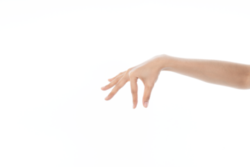 Female hand put or holds something with her fingers isolated on white background with clipping path.