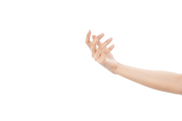 Female hand holding something like a bottle or can isolated on white background with clipping path.