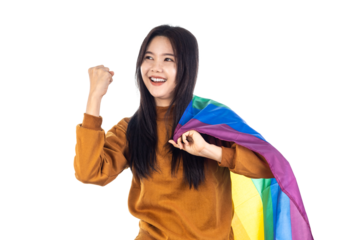 Young Asian woman holding rainbow lgbt flag and raising her arms isolated on white background with clipping path.