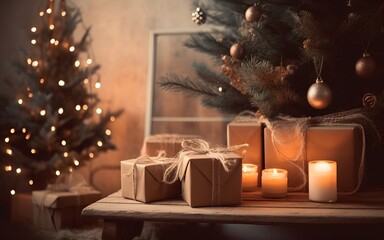 Small Christmas tree and wrapped gifts on a wooden table