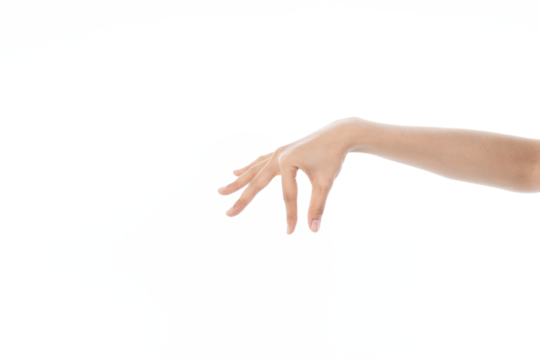 Female hand put or holds something with her fingers isolated on white background with clipping path. - Powered by Adobe