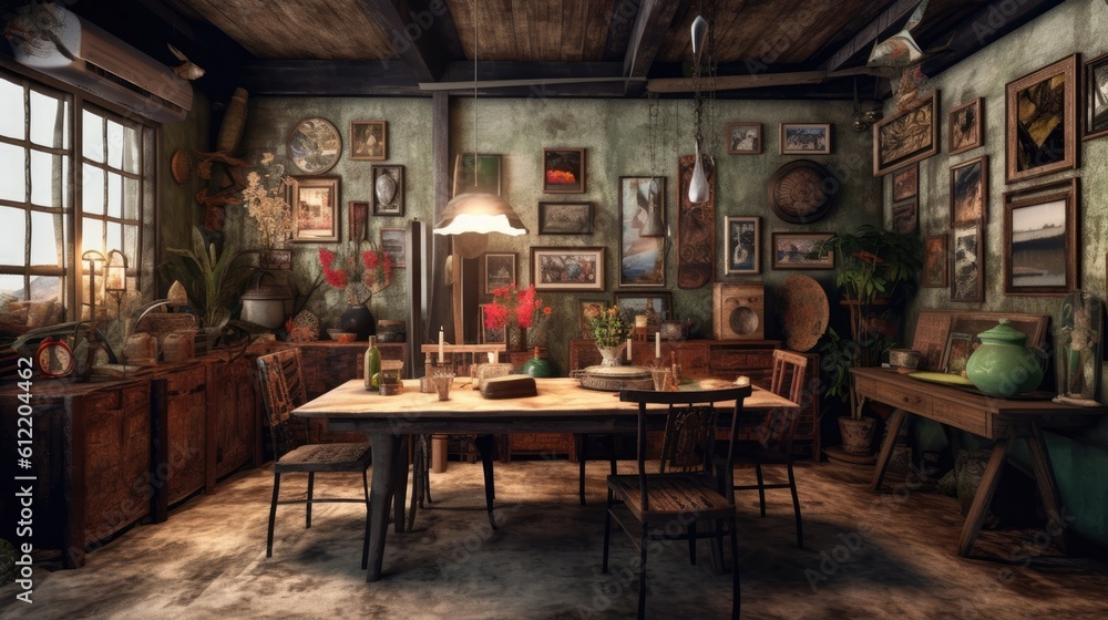 Wall mural 6 empty frames, a wooden dining table, and a wooden cupboard decorate this rustic space. Generative AI